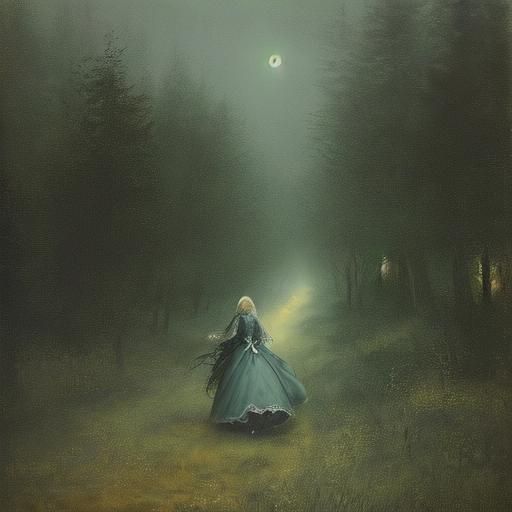Woman in Ball Gown on Misty Street: Romantic Oil Painting