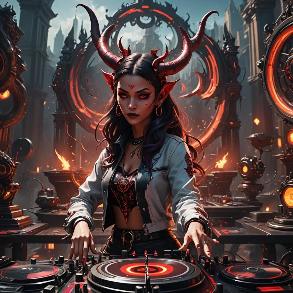 Devil Girl DJ in a Detailed Matte Painting