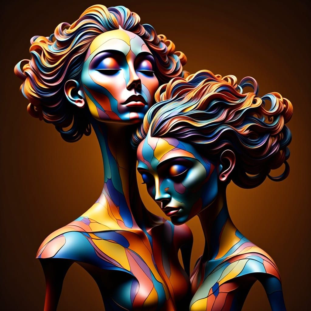 Sculptural Embrace: Woman and Child in Colorful Metal