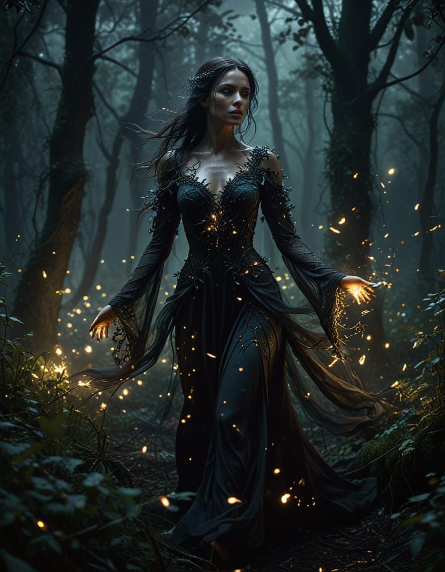 Ethereal Figure Emerges from Dark Forest in Moonlight