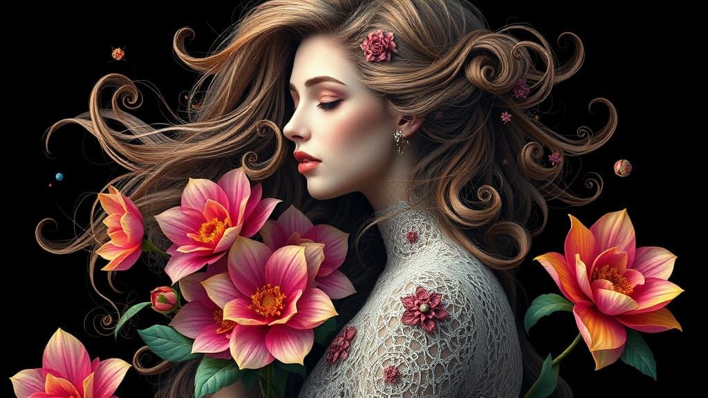 Fractals in Elegant Woman's Hair and Vibrant Flowers in Cybe...
