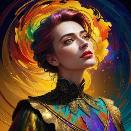 Woman Gazing Upward in Vibrant Abstract Painting