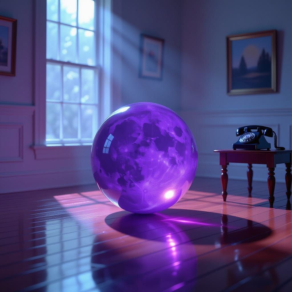 Giant Purple Marble Ball in Moonlit Room with Vintage Teleph...