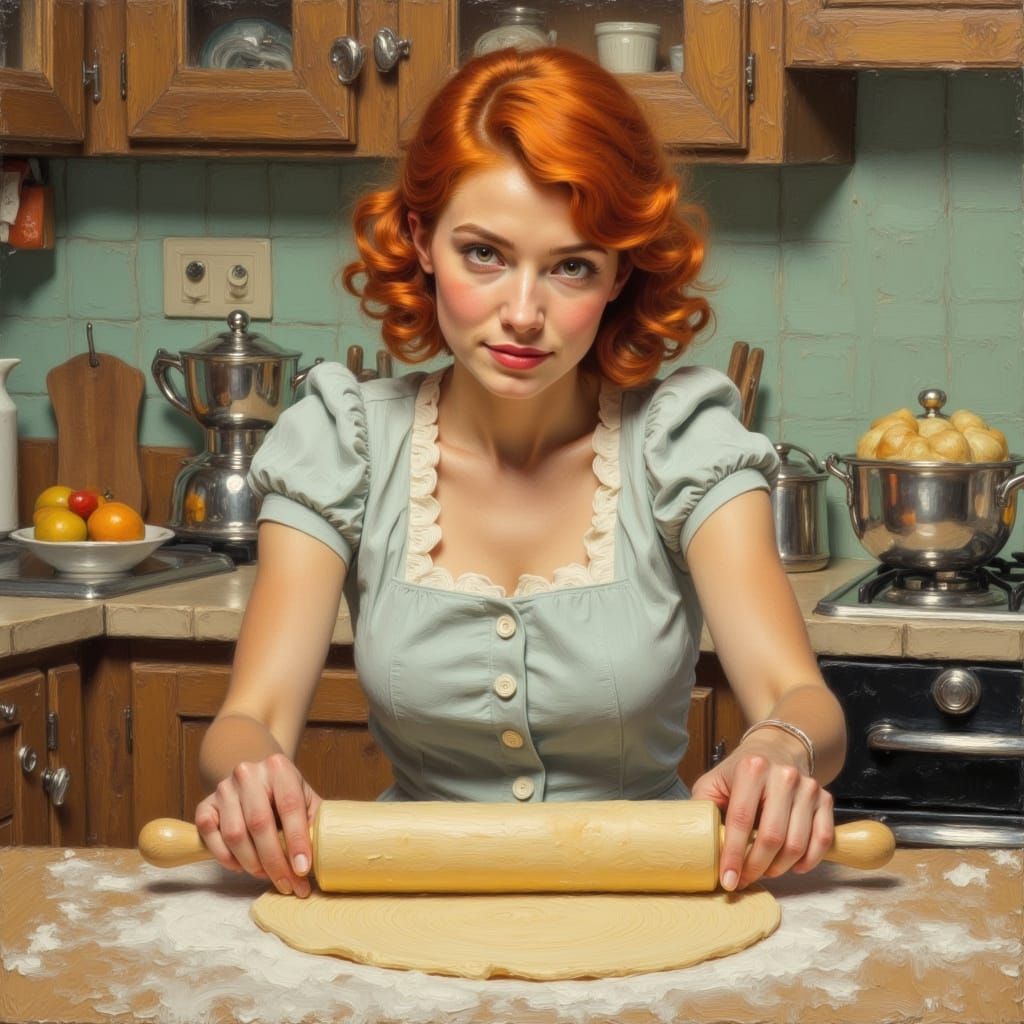 1950s Housewife Baking: Oil Painting with Impasto