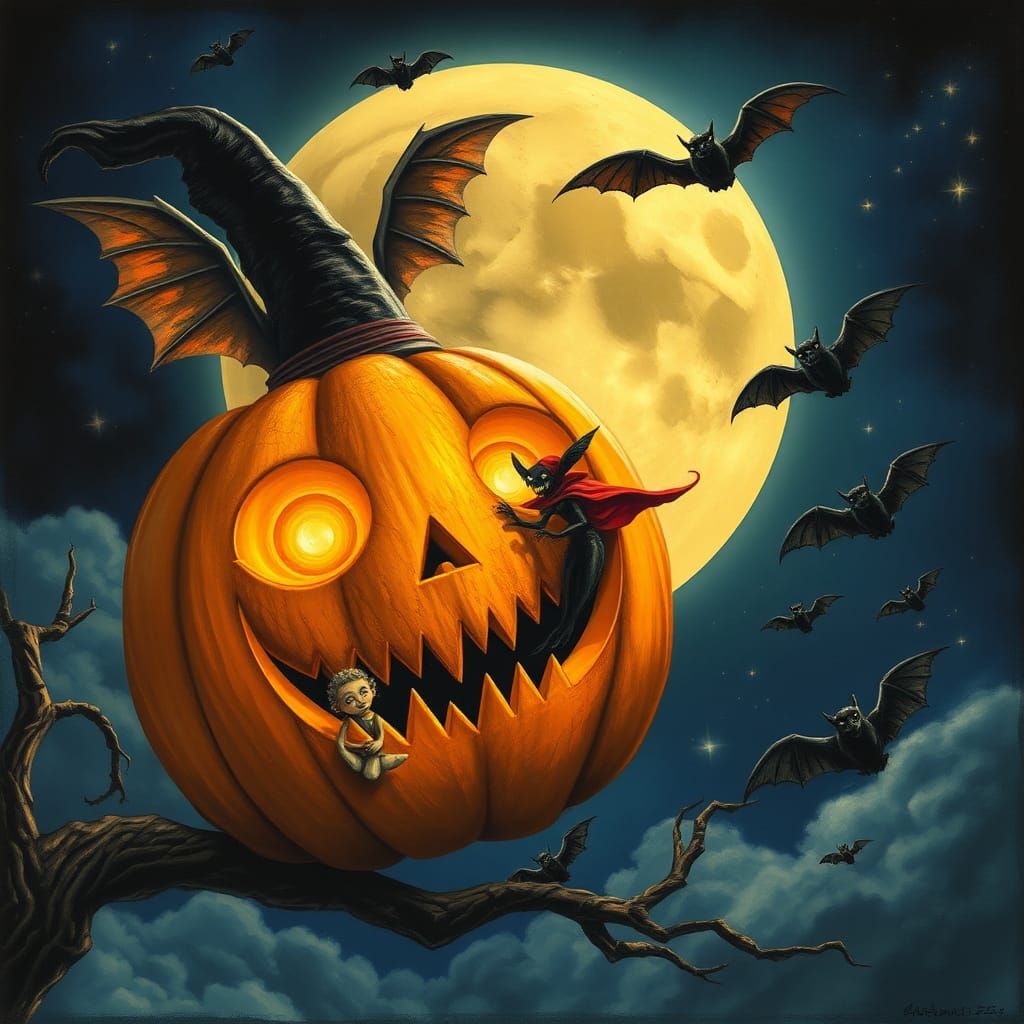 Halloween Night: Witch, Pumpkin, and Bats in Dark Fantasy St...