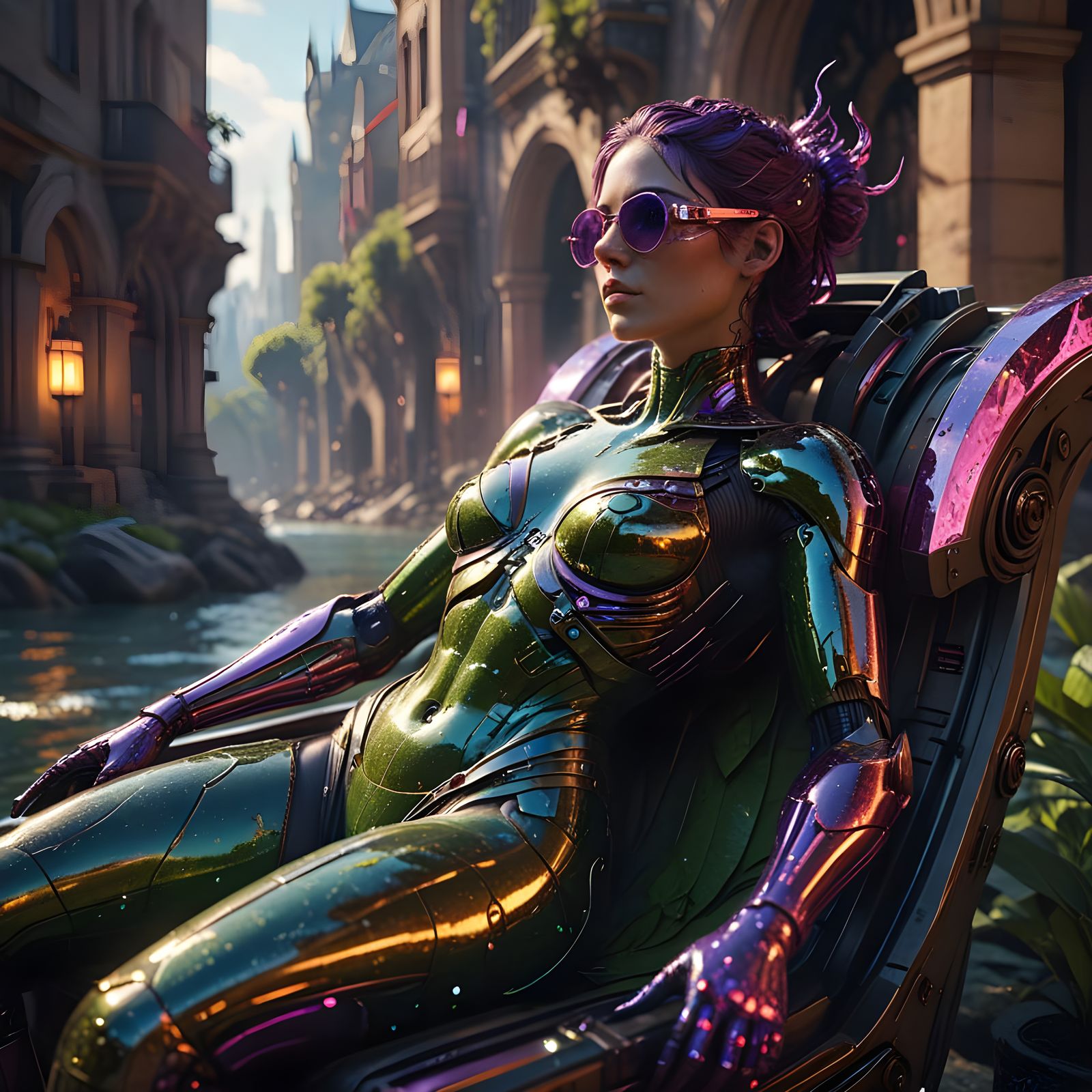 Cyborg Reclines in Vibrant Sunset Beachscape