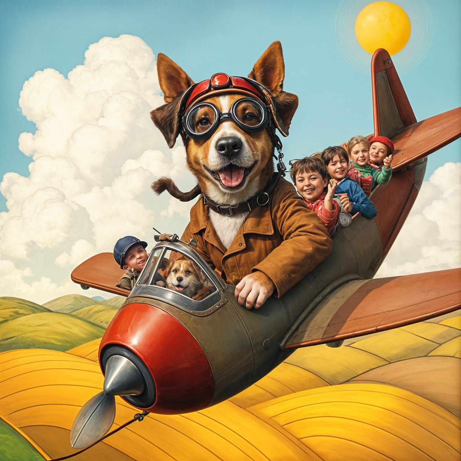 Astonishing Folk Art Scene of a Dog Pilot in Flight