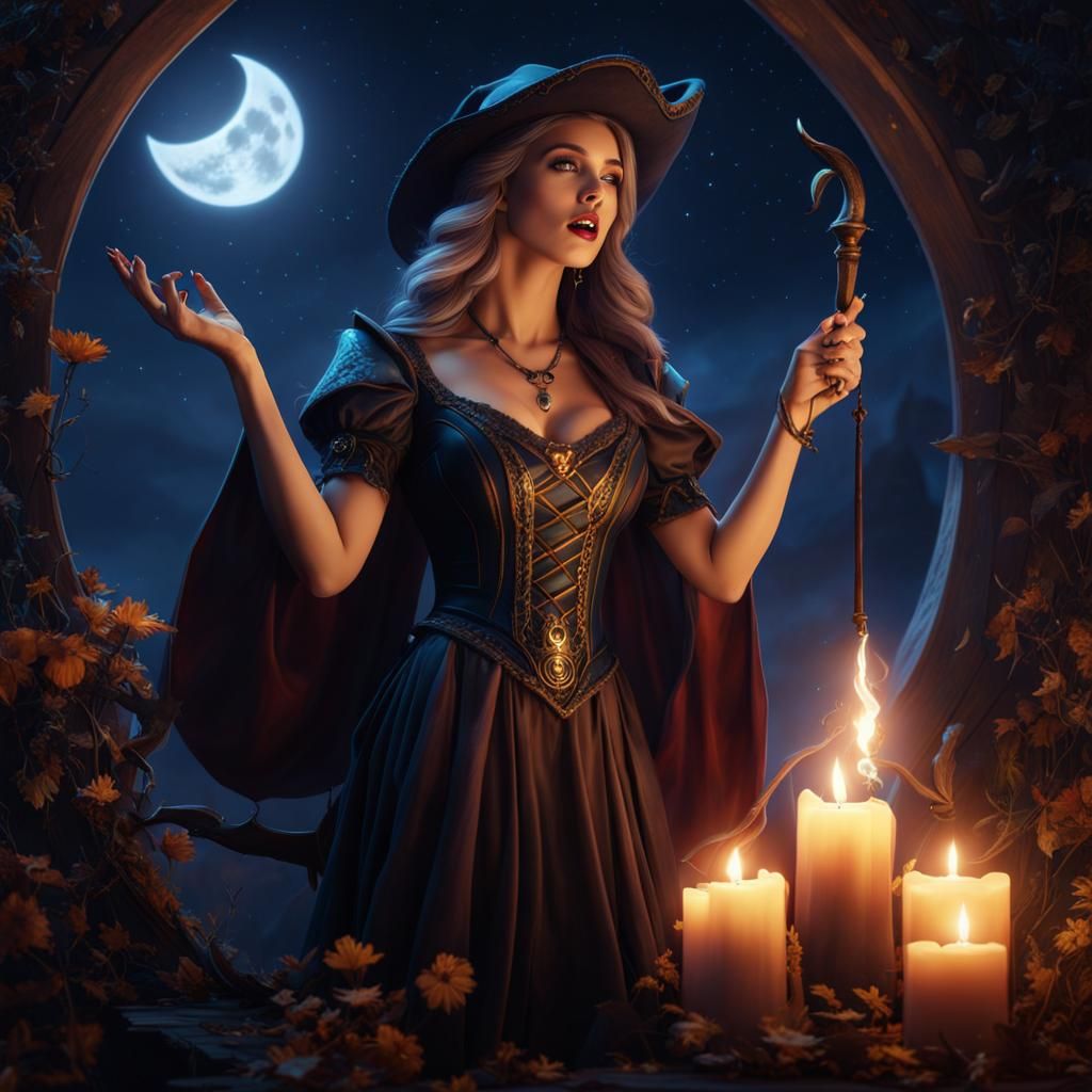 Young Witch Singing Spell Under Crescent Moon
