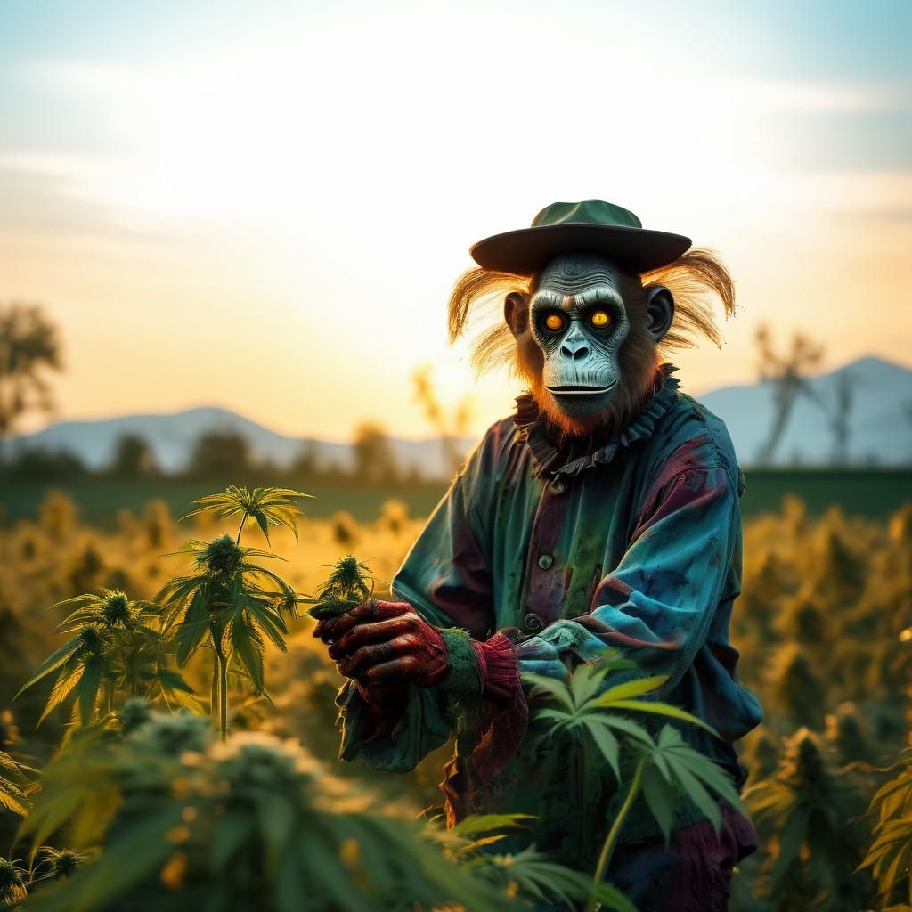 Zombie Clown Monkey Harvesting Cannabis: Surreal Oil Paintin...