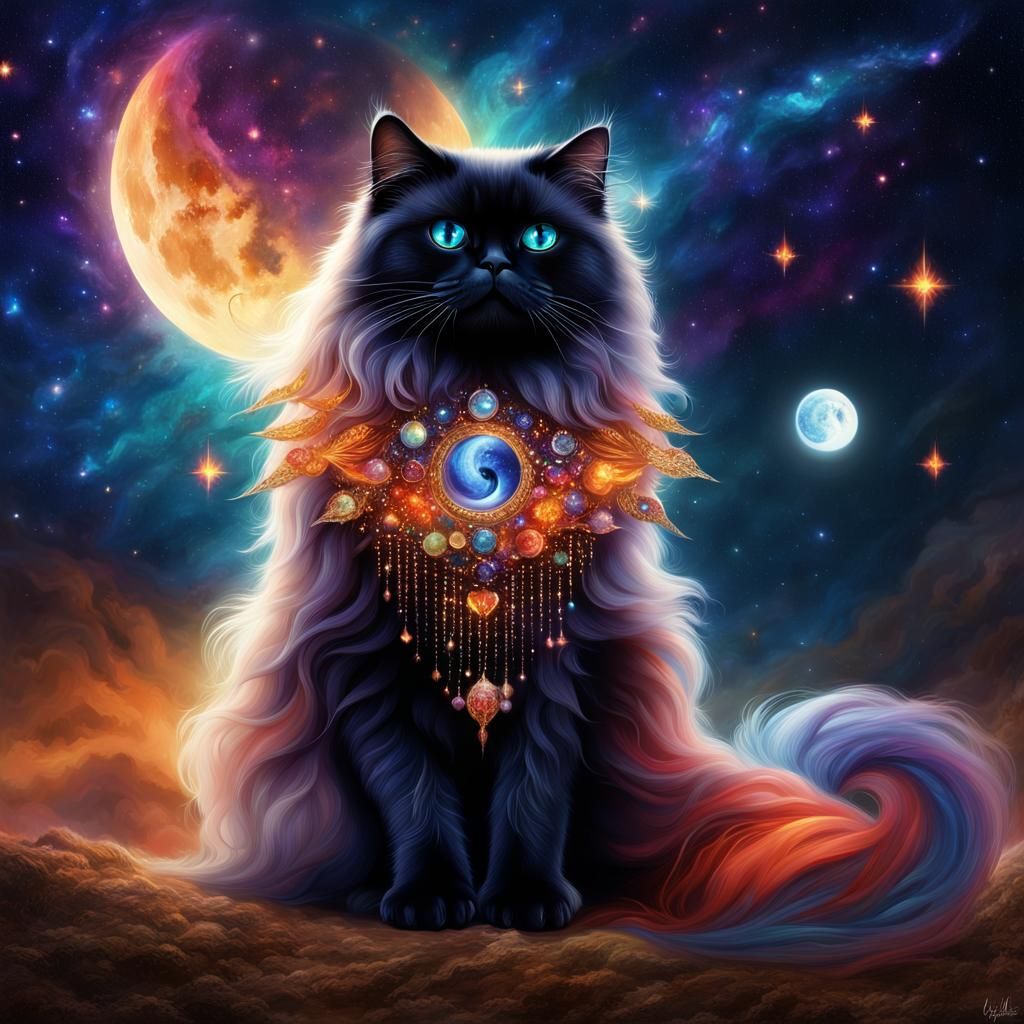 Celestial Himalayan Cat on Crescent Moon