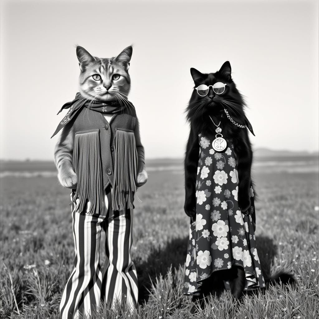 Hippy Cats in 1960s Fashion, Black and White Photo