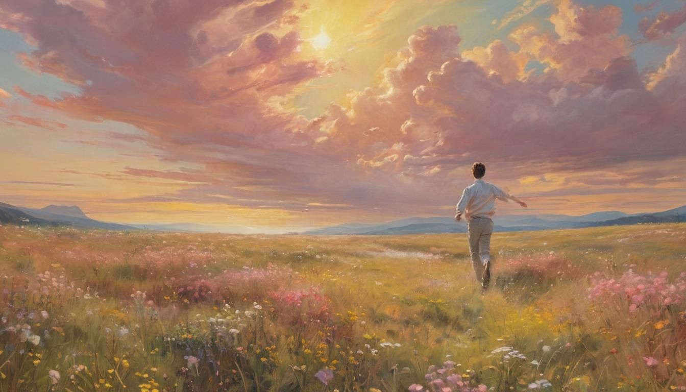 Dreamlike Surreal Meadow Run at Sunset
