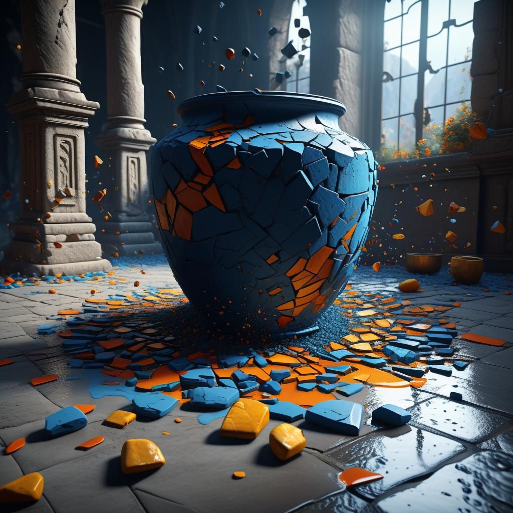 Vase Shattering on Stone Floor: Detailed Matte Painting