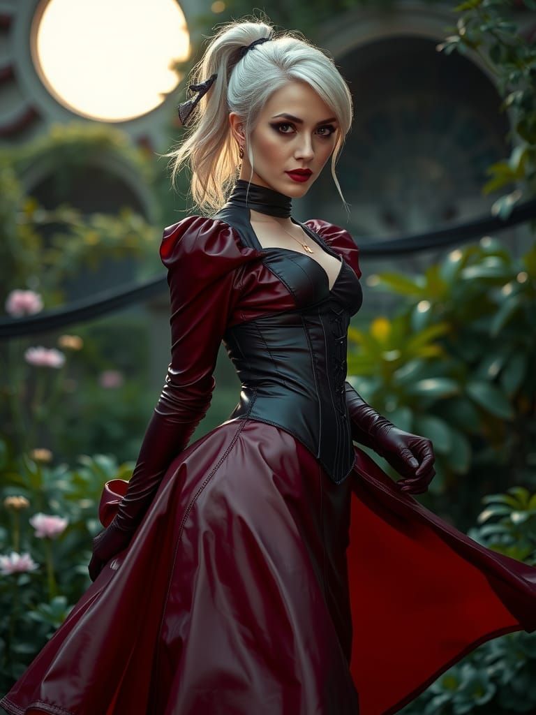 Elegant Lady in Red Dress, Moonlit Garden