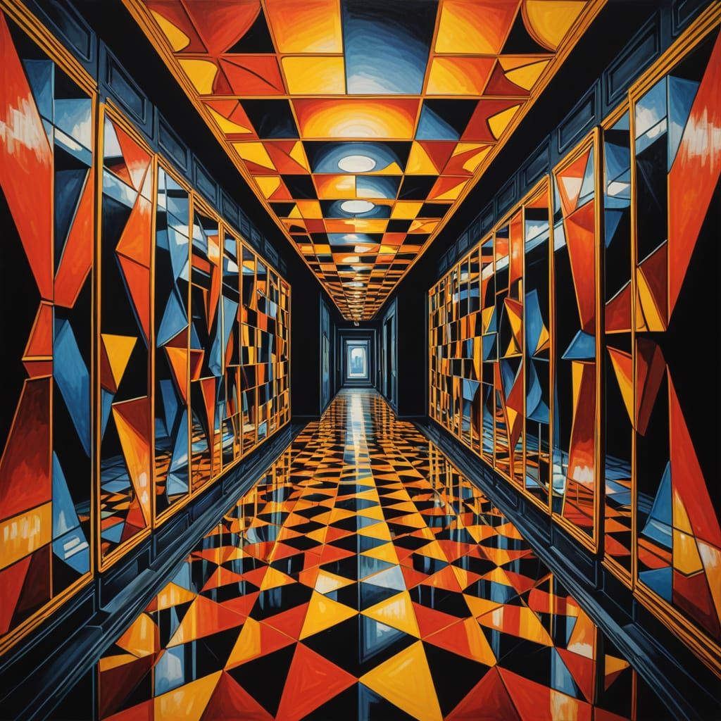 Infinite Corridor of Mirrors in Angular Oil Painting Style