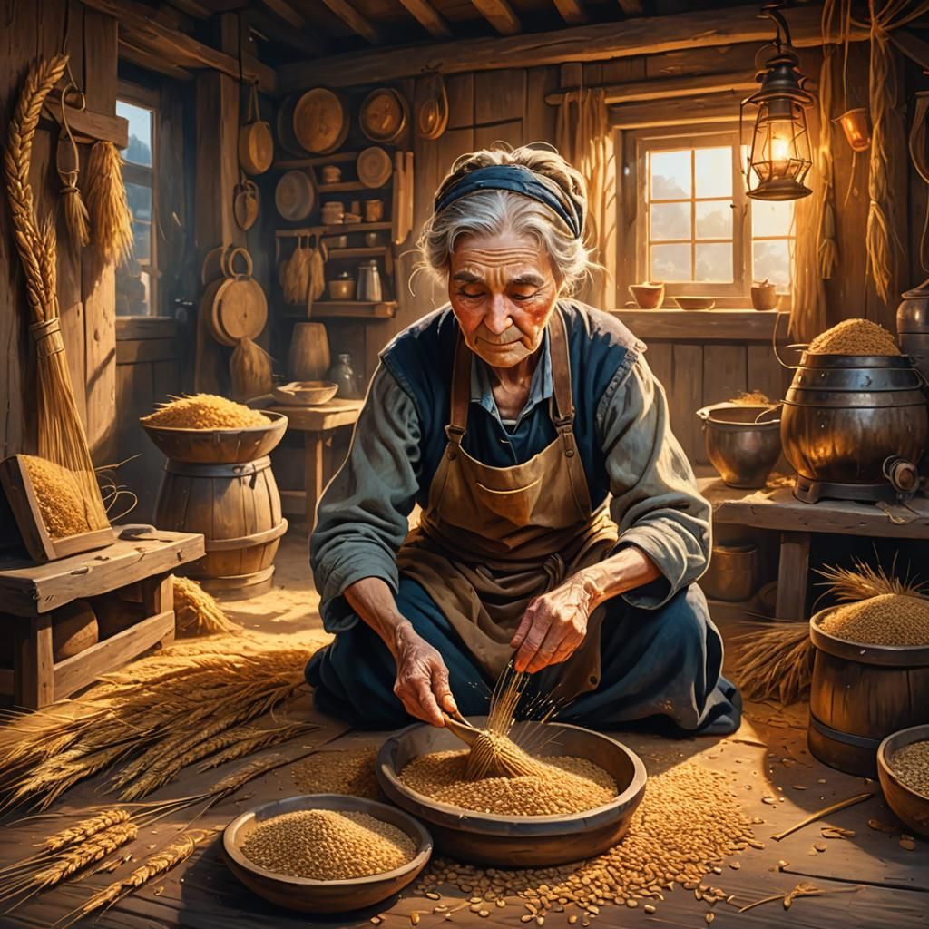 Old Woman Grinding Wheat: Fantasy Oil Painting