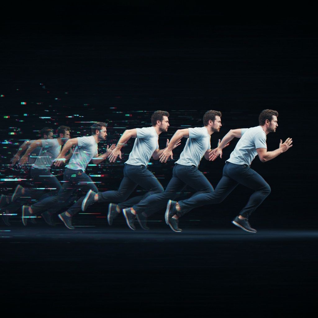 Man Running in Glitch Art Digital Void