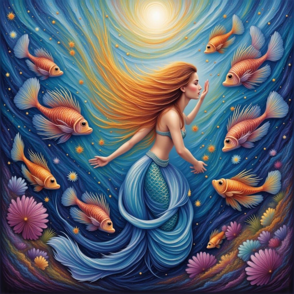 <lora:Cosmic Rush 1212:1.0> <lora:Liquescence:1.0> Beautiful Lionfish mermaid surrounded by lionfish