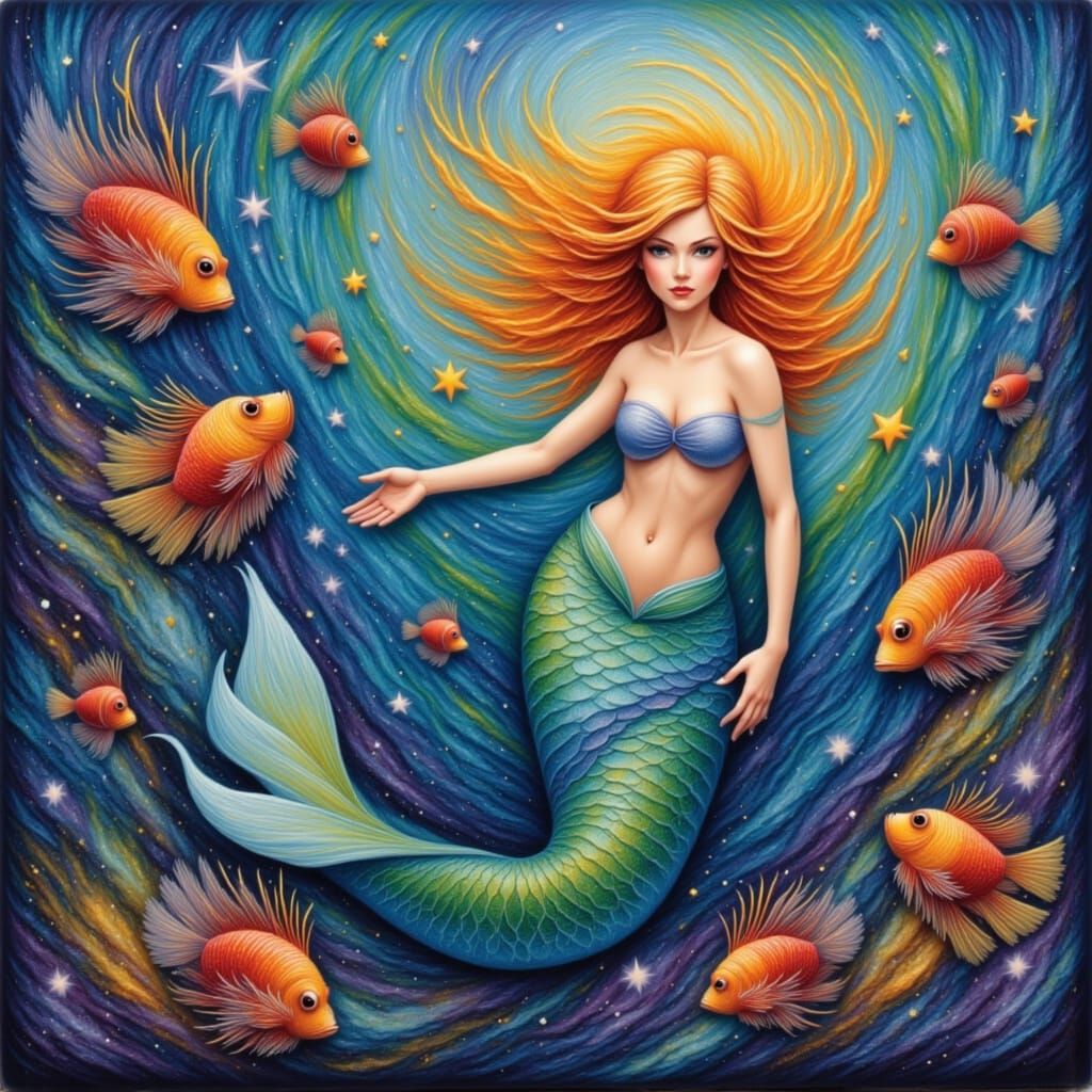 <lora:Cosmic Rush 1212:1.0> <lora:Liquescence:1.0> Beautiful Lionfish mermaid surrounded by lionfish