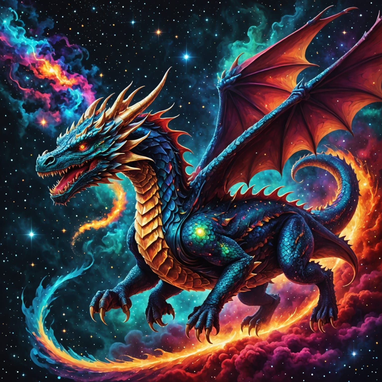 Cosmic Dragon Soaring Through Nebula in Digital Art