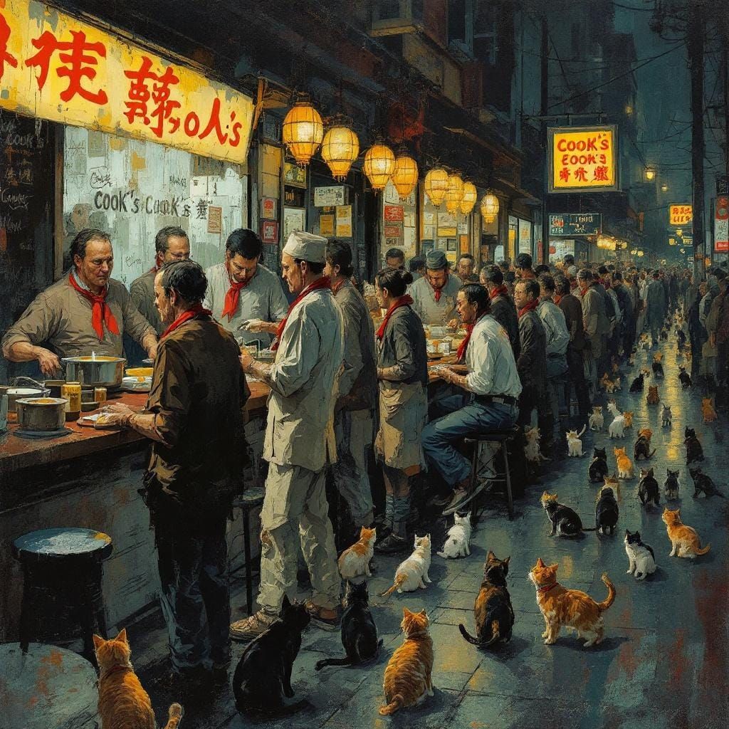 Crowded Restaurant Scene in Basquiat-Inspired Style