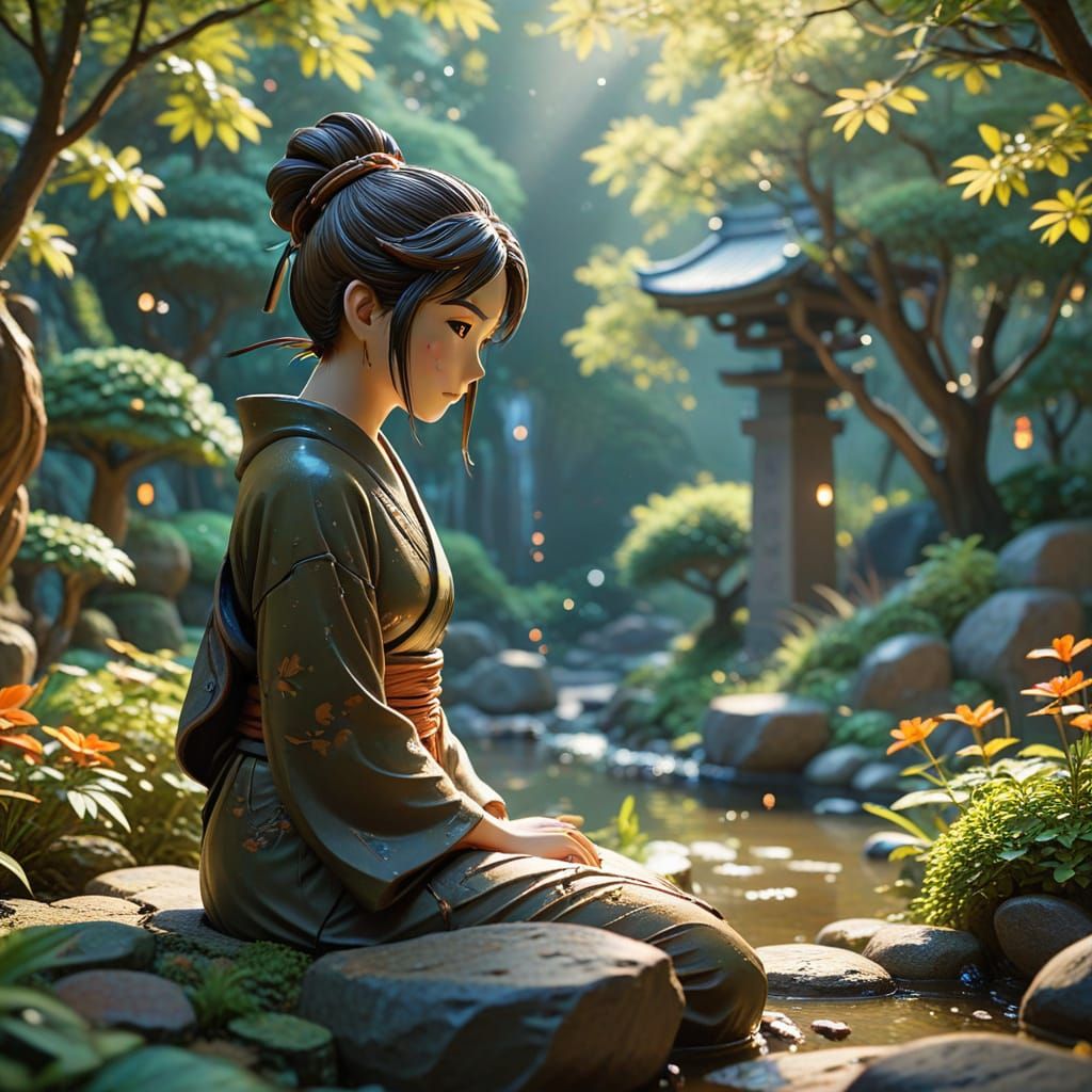Animated Sculptures in Japanese Garden, Ghibli Style