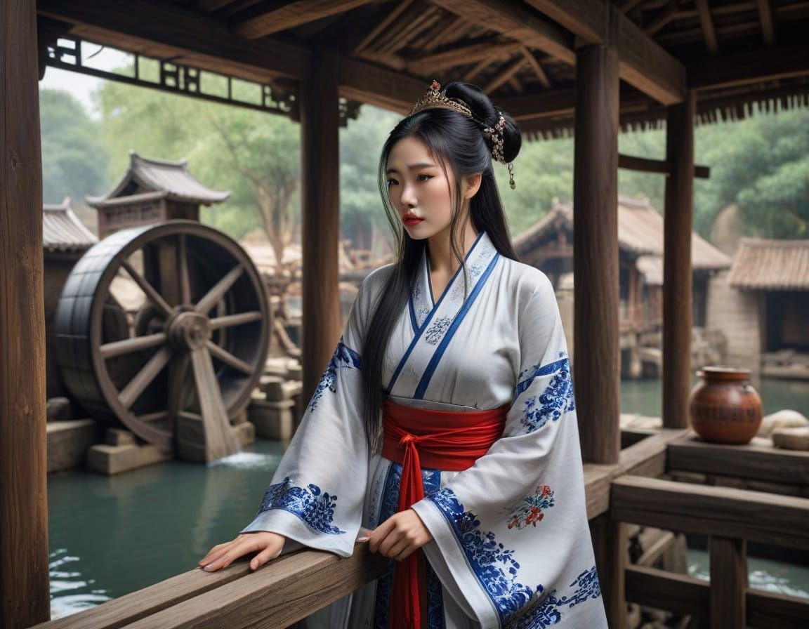 Chinese Empress Inspects a Towering Water Mill