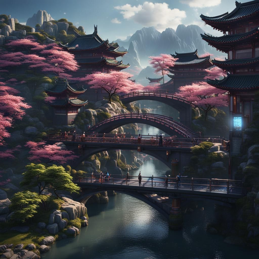 Futuristic Oriental Cityscape with Sakura and Waterway