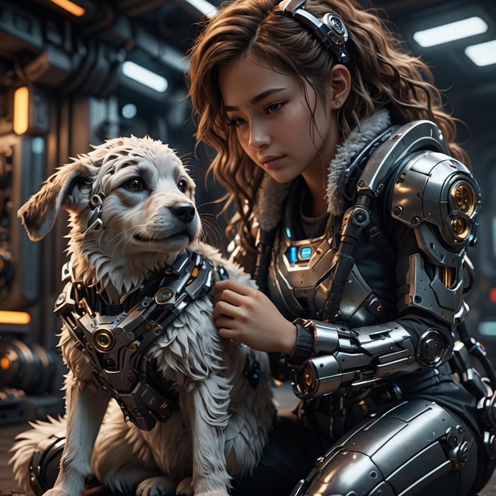 Girl Cuddles Biomechanical Pet: Cinematic 3D Render