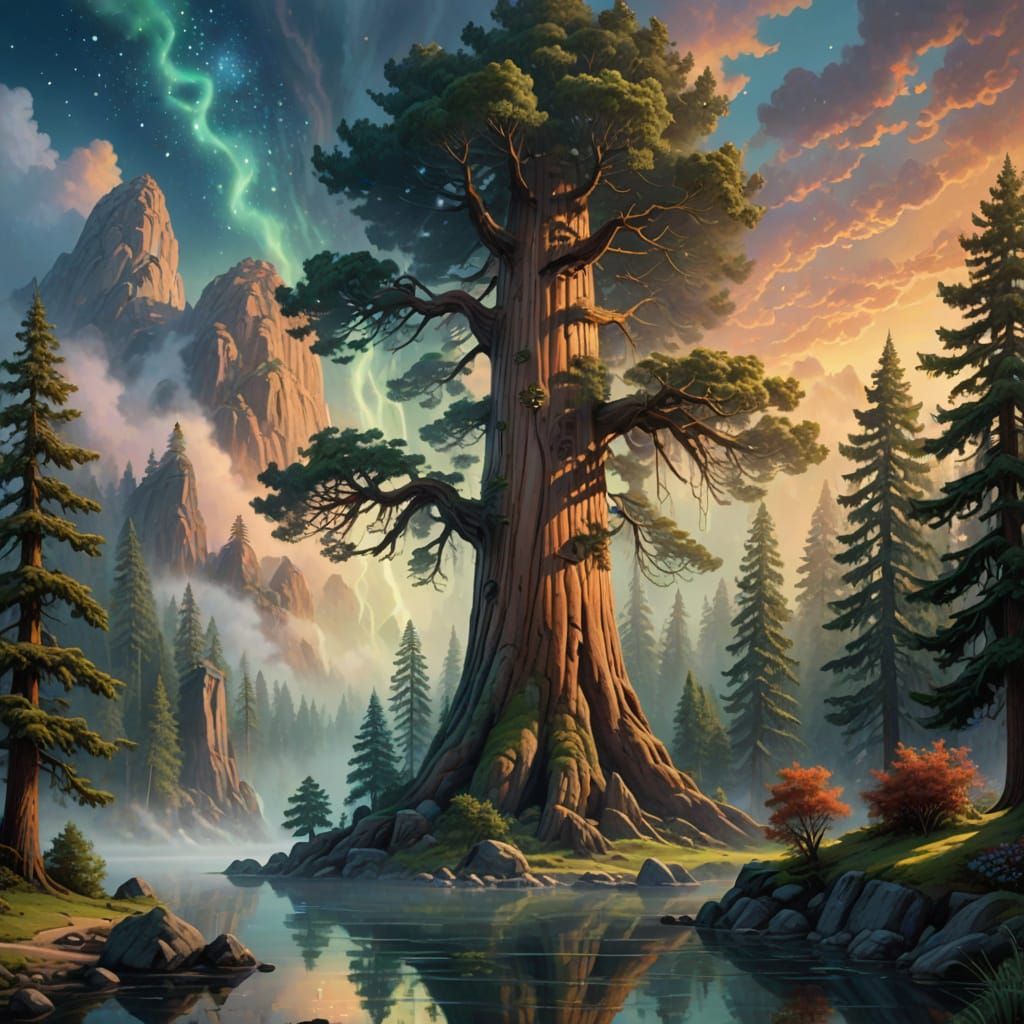 Giant Sequoia on Floating Island in Ethereal Mist