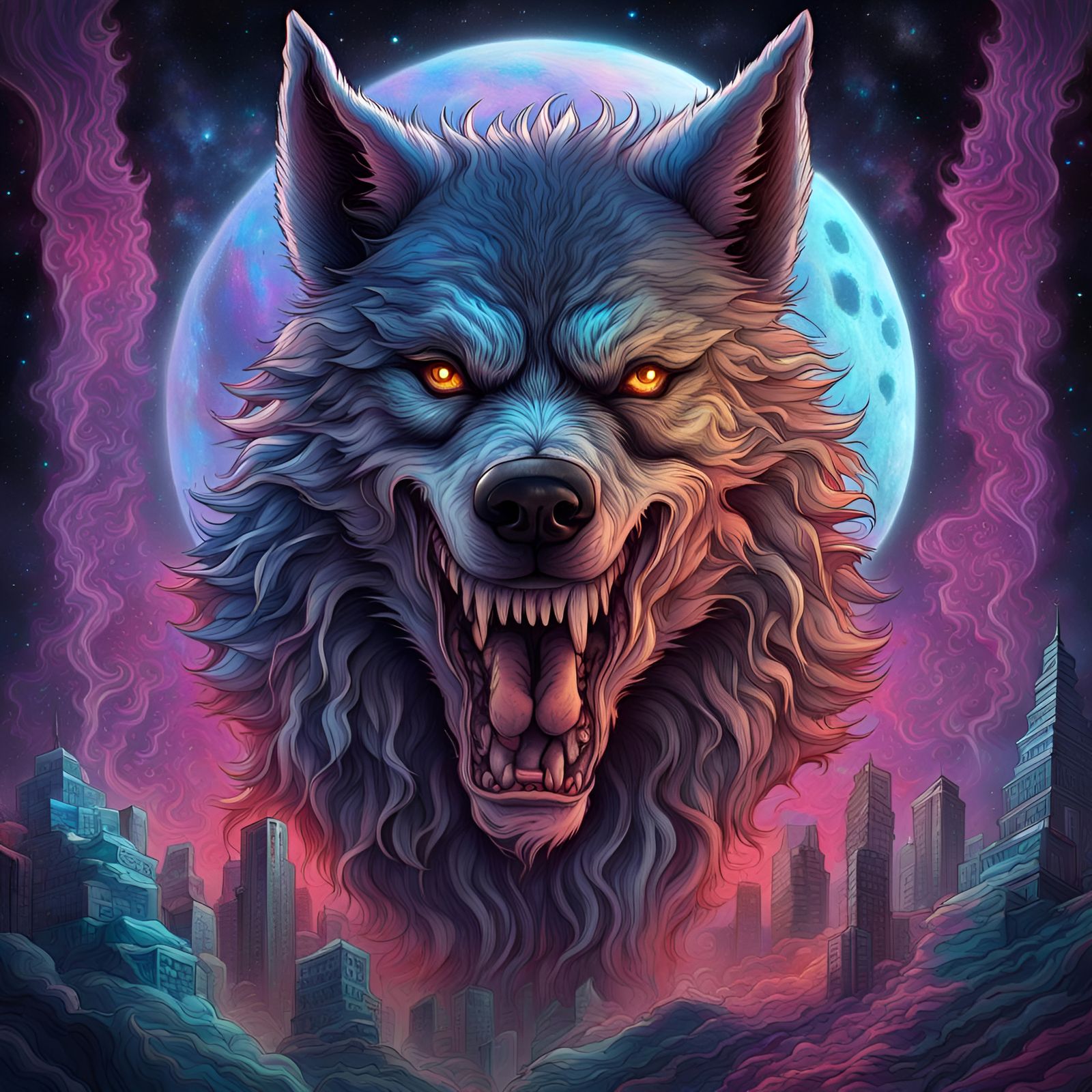 Holographic Cosmic Werewolf Illustration in 8K Resolution