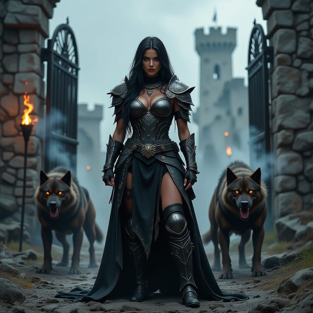 Warrior Princess at Fortress Gates: Dark Fantasy Art