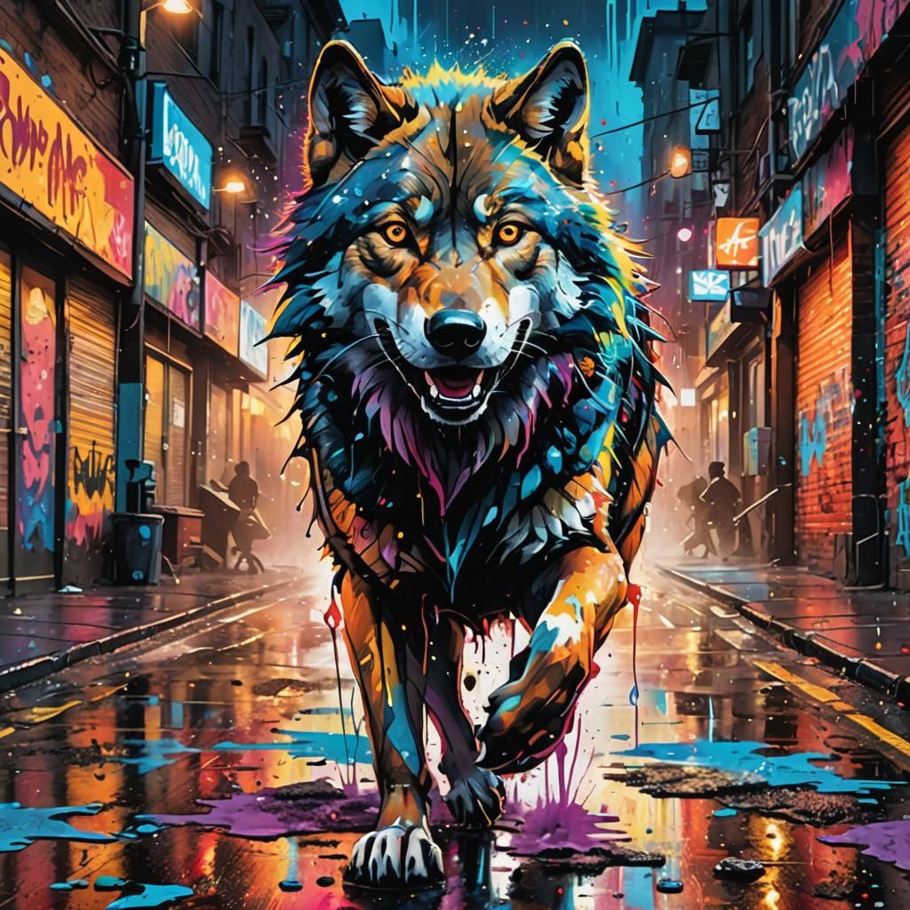 Wolf Runs Through City Street Art