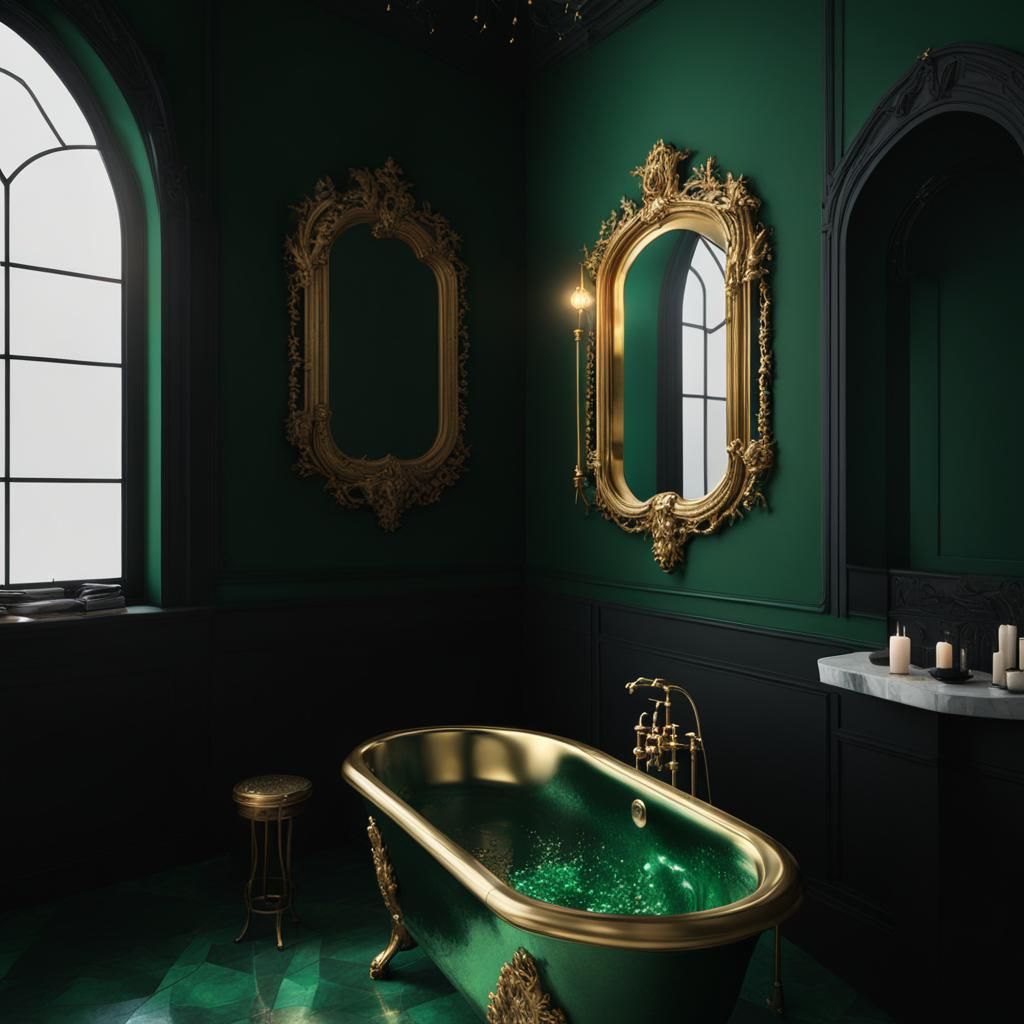 Elegant Ethereal Gothic bathroom with holographic Emerald green walls with black accents& elegant emerald green bathtub&...