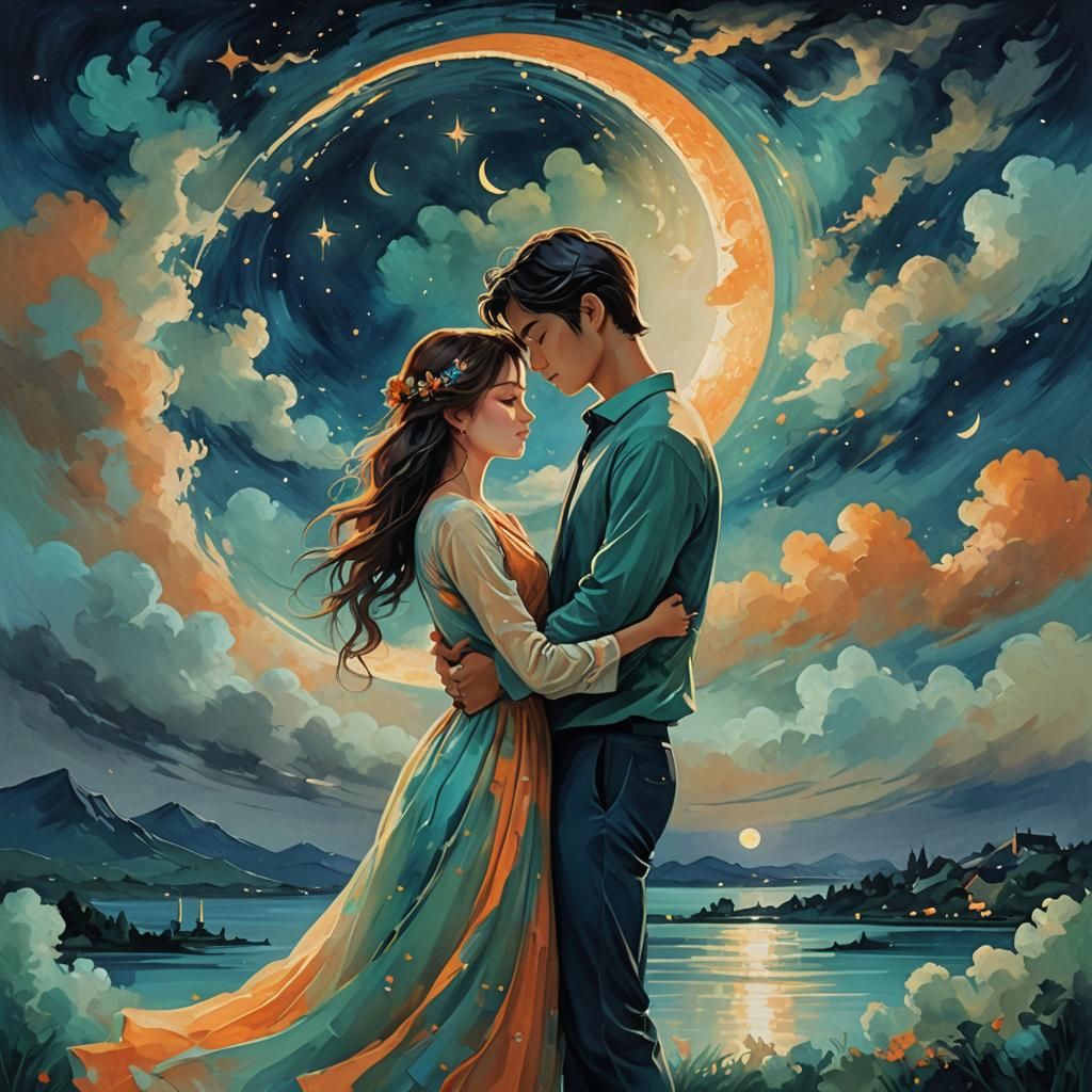 Romantic Couple Embracing Under Moonlight, Neo-Impressionism