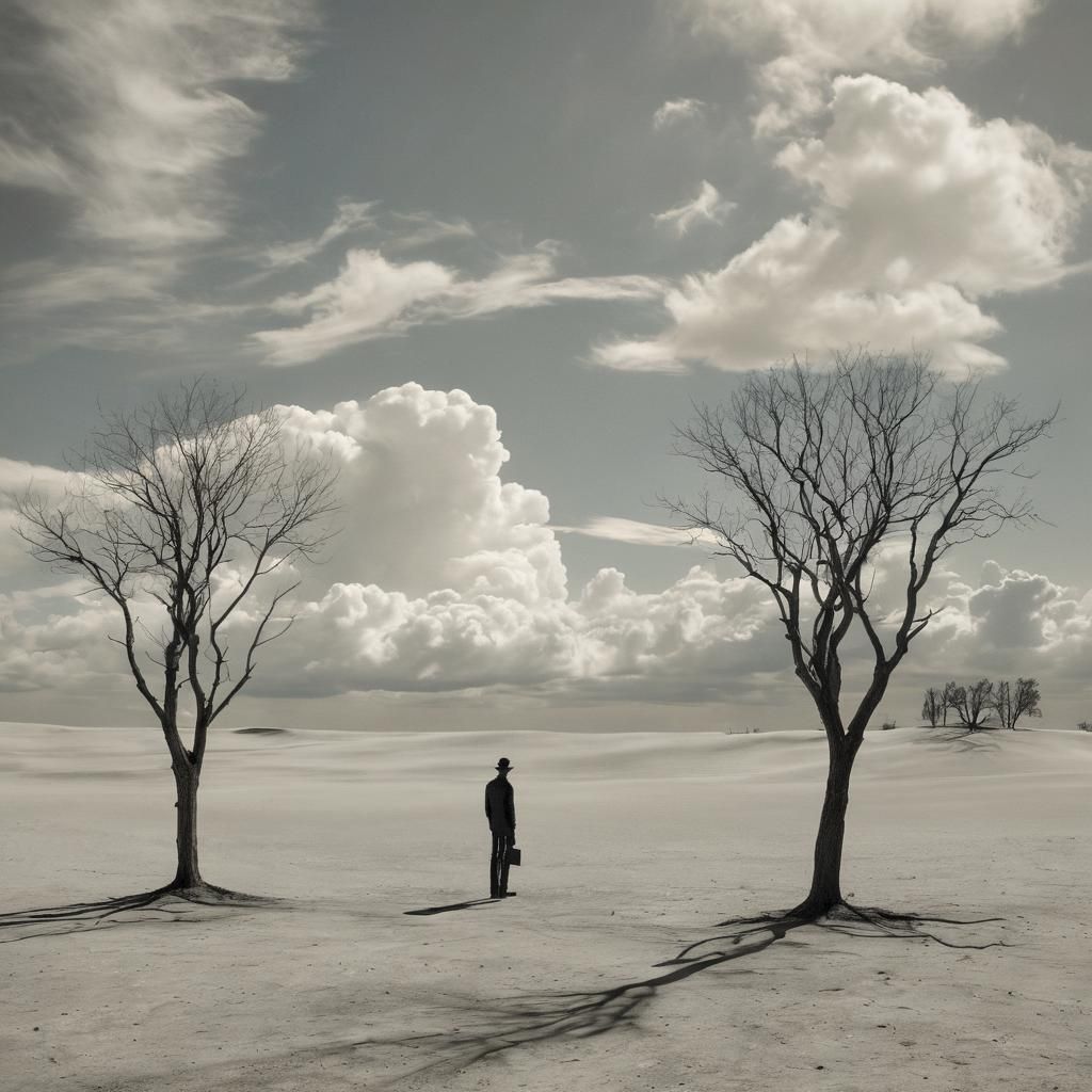 Surrealist Landscape with Lone Figure in Dreamlike Setting