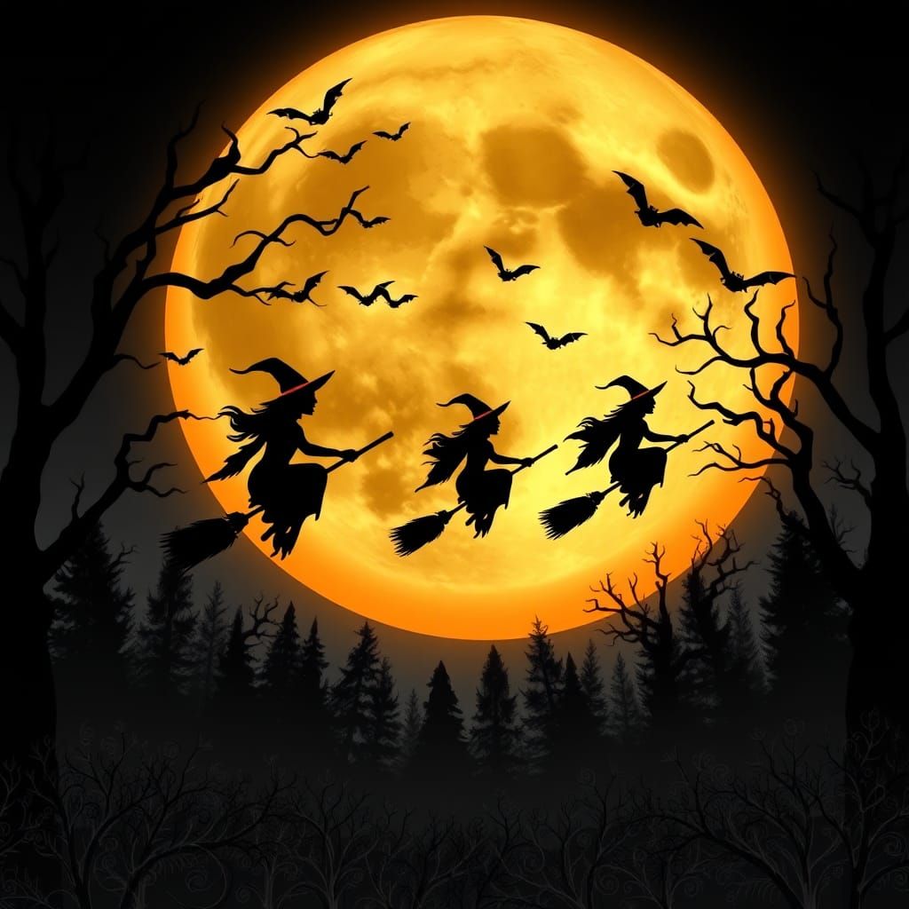 Witches Flying to Harvest Moon in Zentangle Style