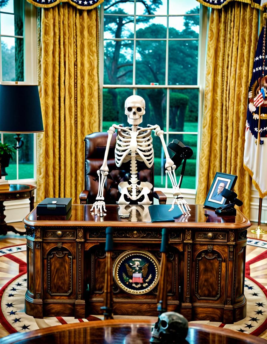 Skeleton Robot in Oval Office, 4K Render