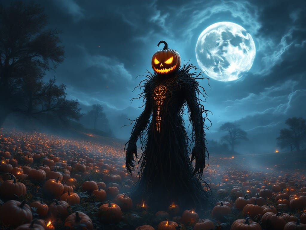Eerie Samhain Spirit in Moonlit Pumpkin Patch