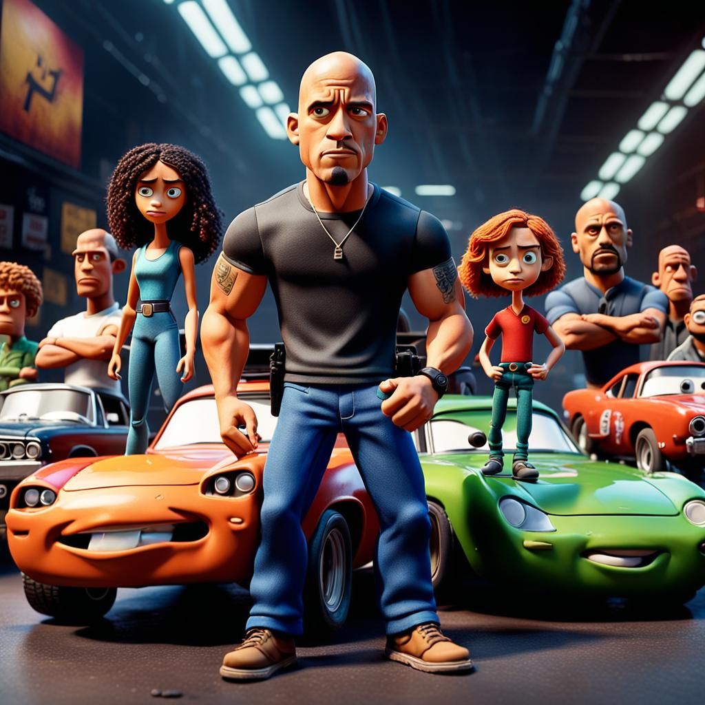 claymation artwork showcasing the fast and furious movie characters in a Pixar animation style. ...