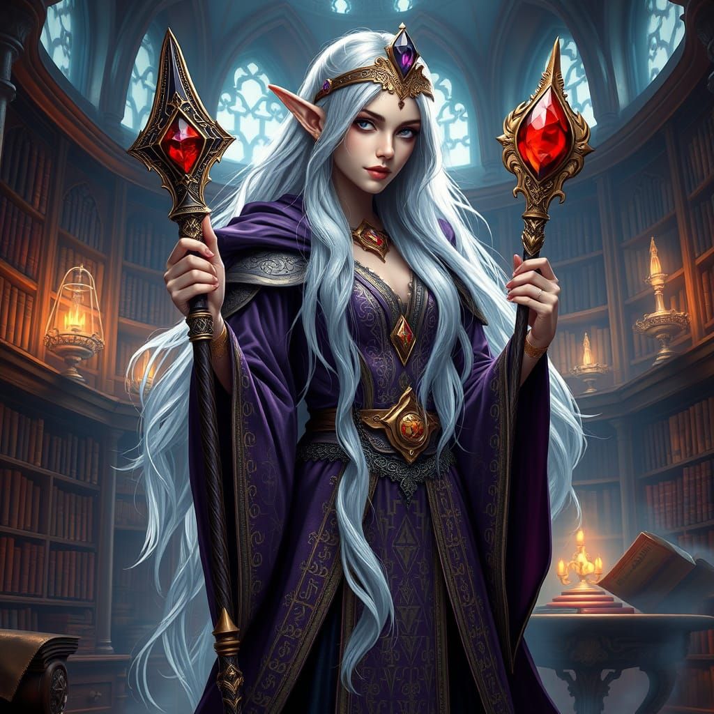 Elven Sorceress in Grand Library, Art Nouveau Style