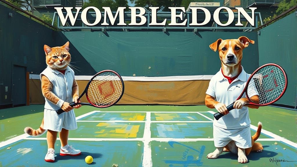 Wombledon: Cats and Dogs Play Tennis, Impasto Oil Painting