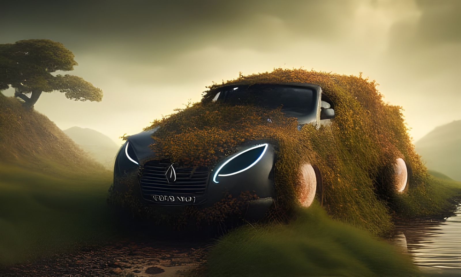 Fruit Car Landscape with Stream in Hyper-Detailed Style