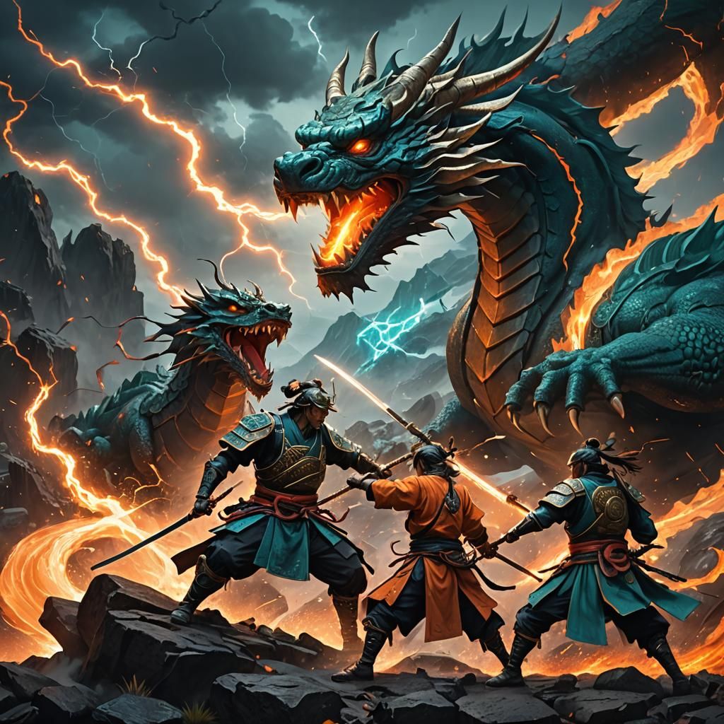 Samurai vs Dragon in Volcanic Landscape