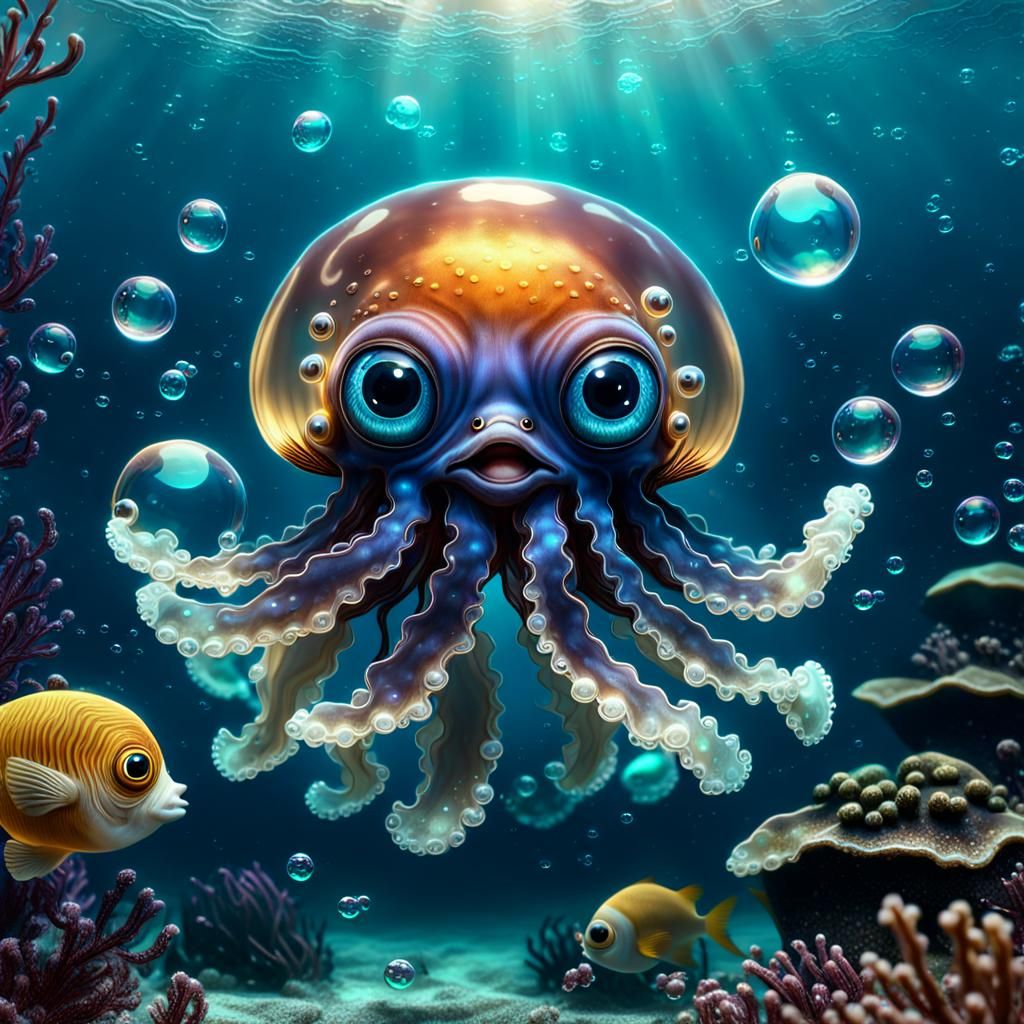 Adorable Baby Jellyfish in Deep Ocean, Digital Art