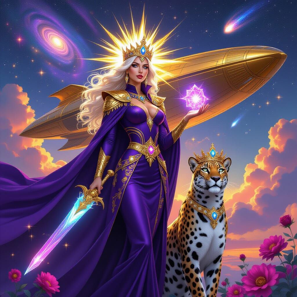 Cosmic Goddess-Queen with Starship and Leopard