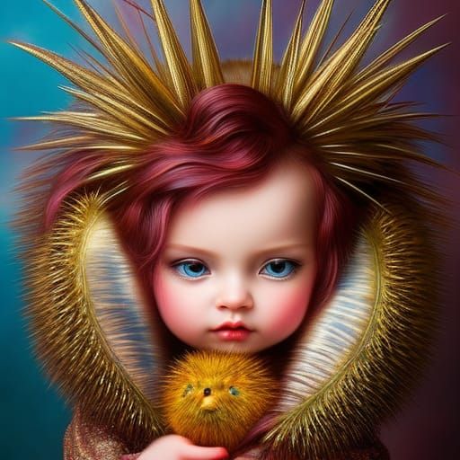 Steampunk Baby Porcupine Feast: Hyperrealistic Art Nouveau