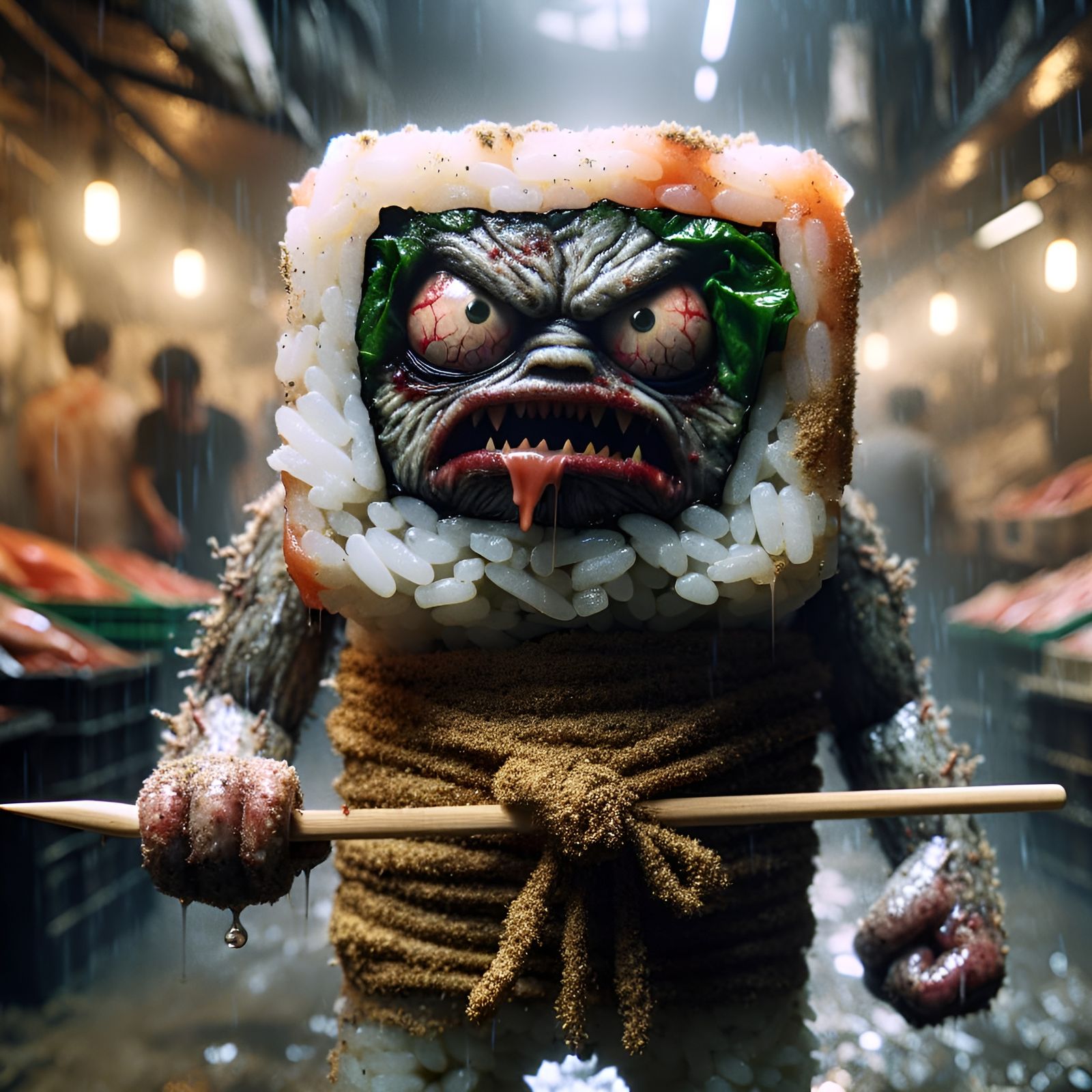Angry Sushi Roll Warrior in Dystopian Market
