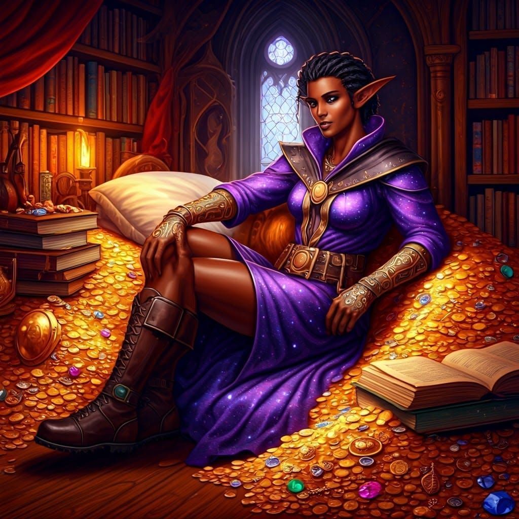 Elegant Fantasy Elf Wizardess Amidst Golden Treasures