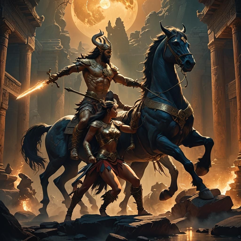 Centaur and Warrior Clash in Moonlit Shrine